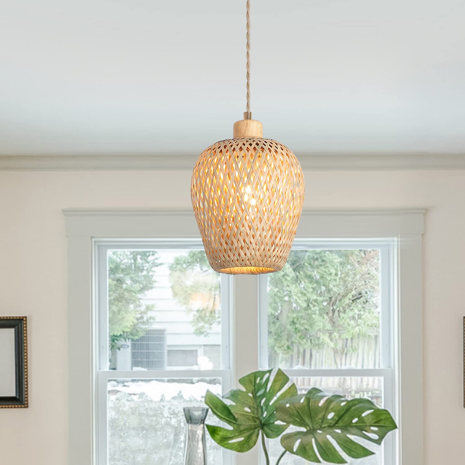 Hchunqjor Bamboo Pendant Light Fixture, One-Light Adjustable, Handmade Woven, Small Size, Natural Color, Model 3606-1