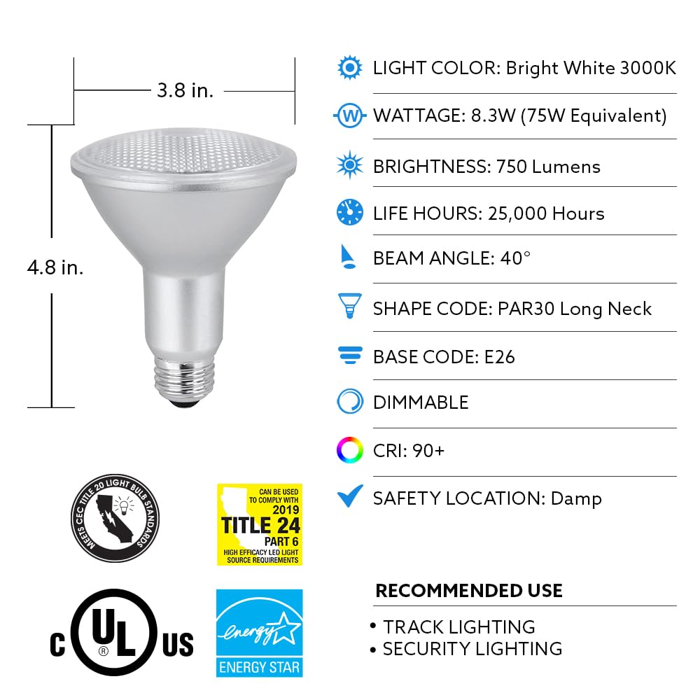 Feit Electric Led Par30L Bulb, 75W Equivalent, Dimmable, 3000K Warm White, 750 Lumens, 22 Year Lifetime, E26 Base, Par30 Flood L