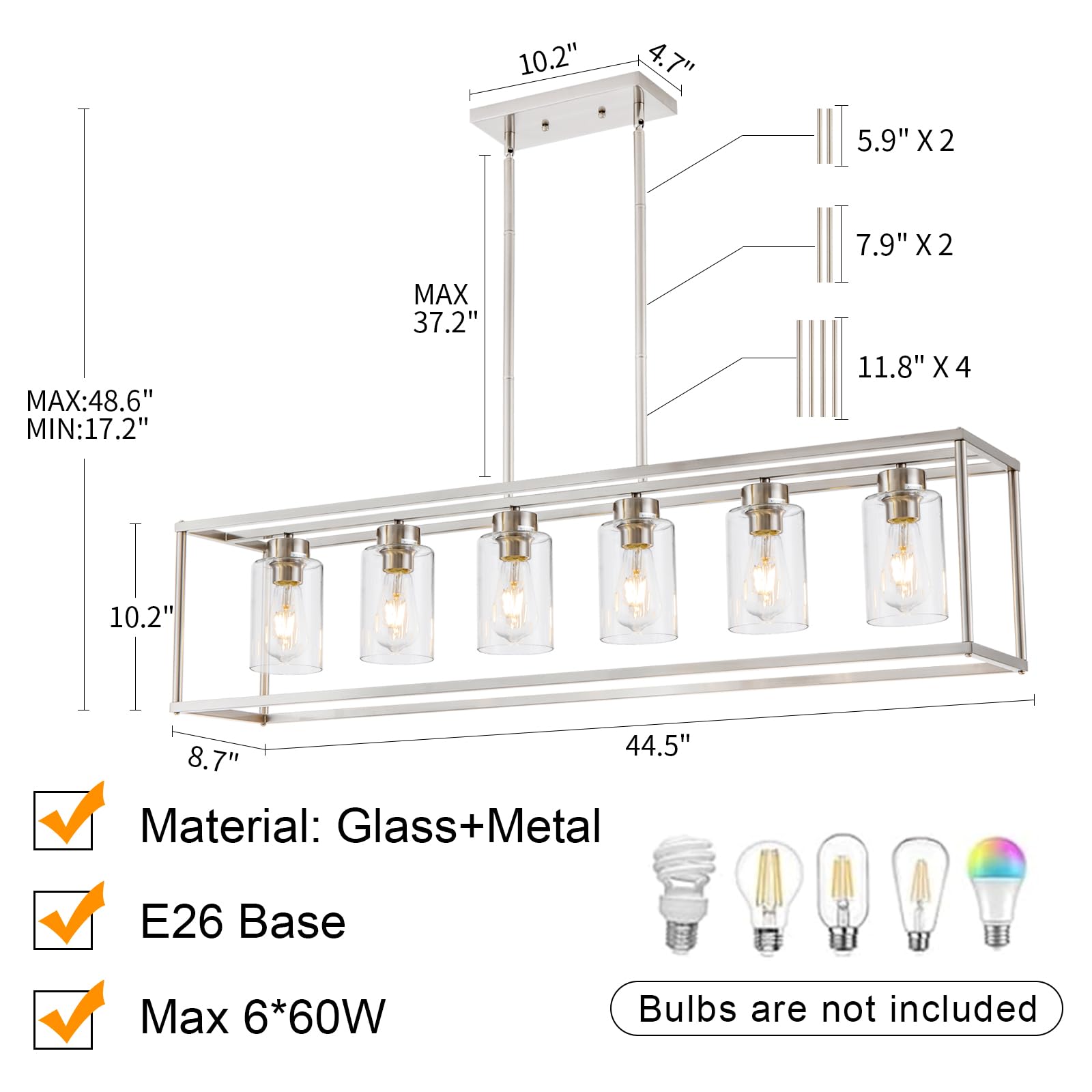 Hccz 6 Light Brushed Nickel Modern Farmhouse Chandelier Adjustable Pendant Lighting For Dining Room