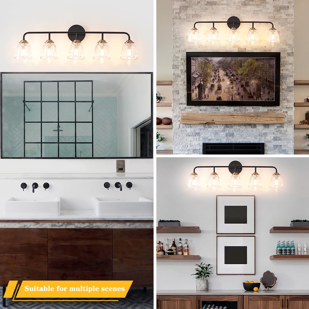 Vintage Vanity Lighting For Bathroom, Black And Gold Bathroom Vanity Light Fixtures With Clear Glass Shade, Elegant 5-Light Bath