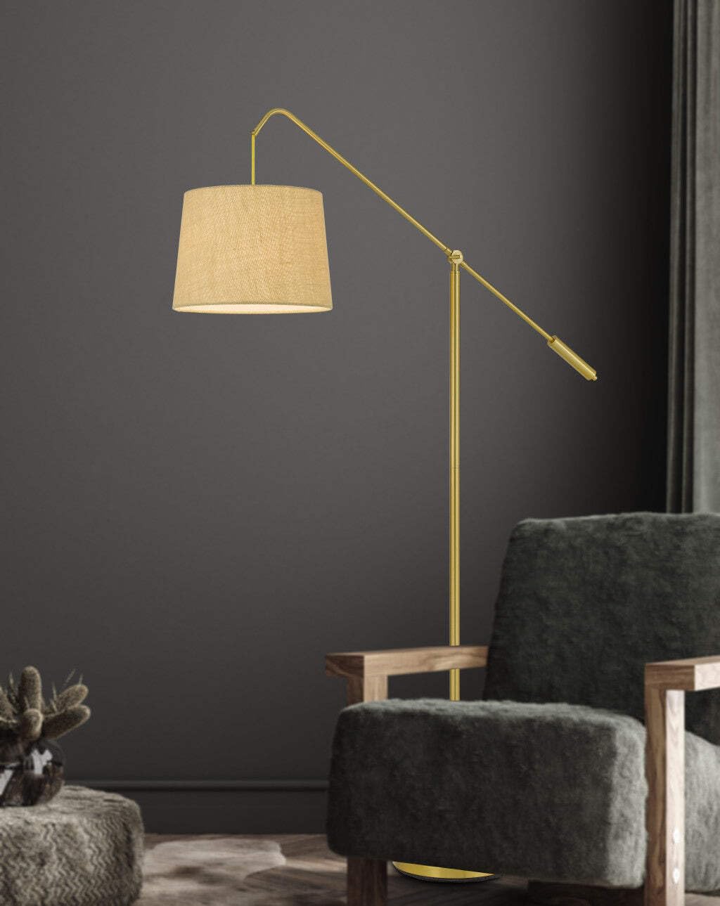 HomeRoots Adjustable 68 in. Traditional Floor Lamp with Antiqued Brass Drum Shade, Metal Construction