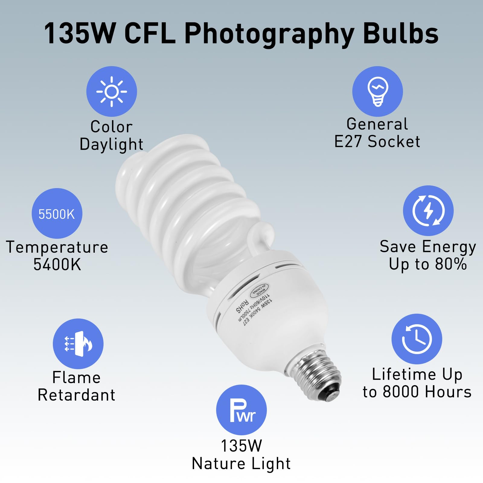 Skytex 1Pcs 135W Light Bulb, 5400K Color Temperature Cfl Photography Lighting, Daylight Spiral Softbox Lighting Kit Bulb In E27