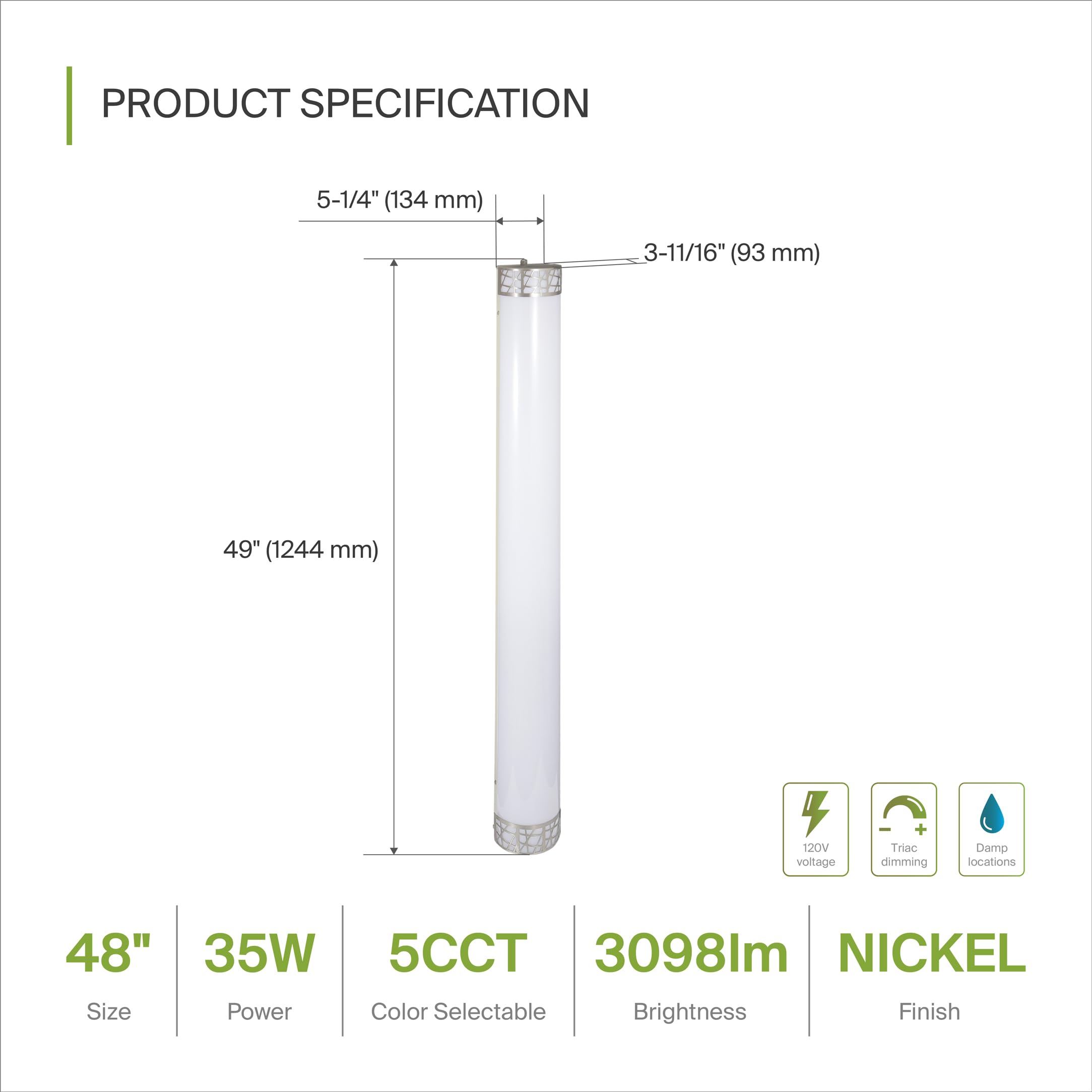 ASD 48 Inch LED Bathroom Vanity Light - Dimmable 35W 2700K-5000K - Brushed Nickel - Model A-LOFT-VF-48D35NK