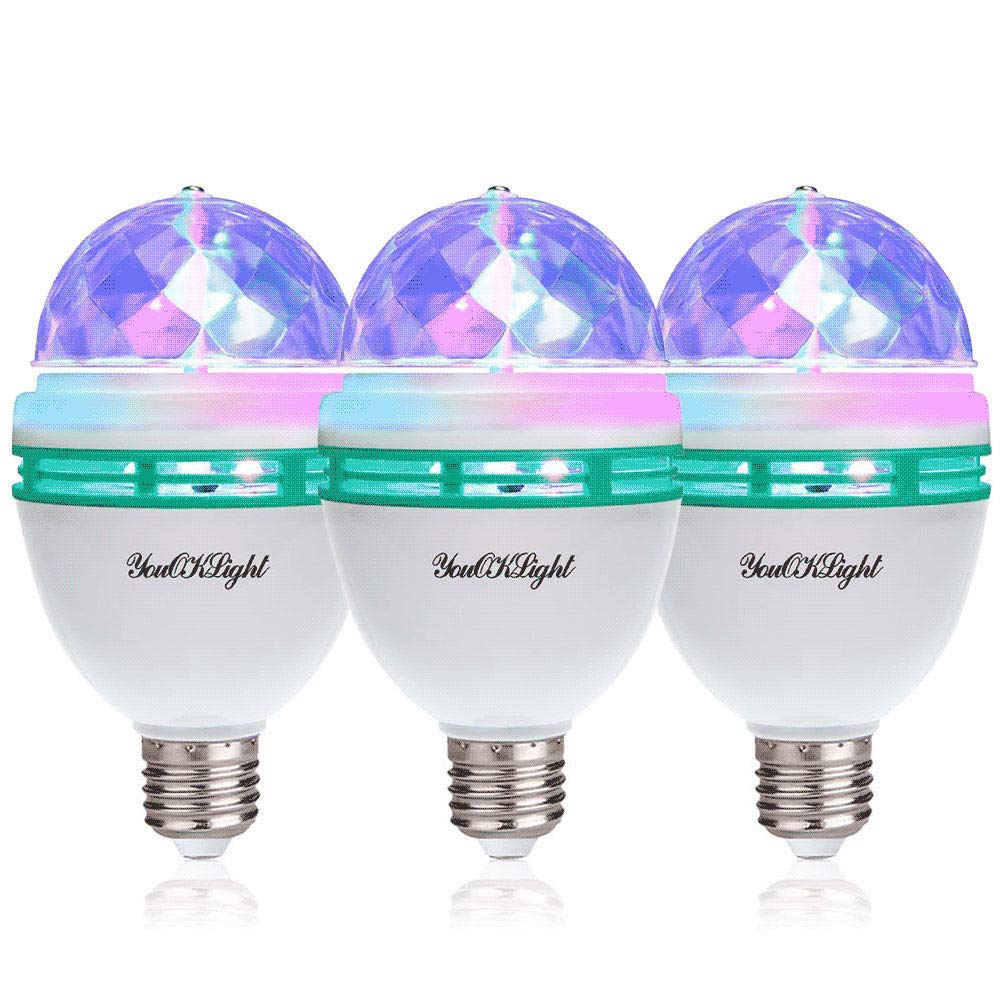 YouOKLight 3-Pack E26 Full Color Rotating Lamp LED Strobe Bulb Multi changing Color Crystal Stage Light for Disco Birthday Party