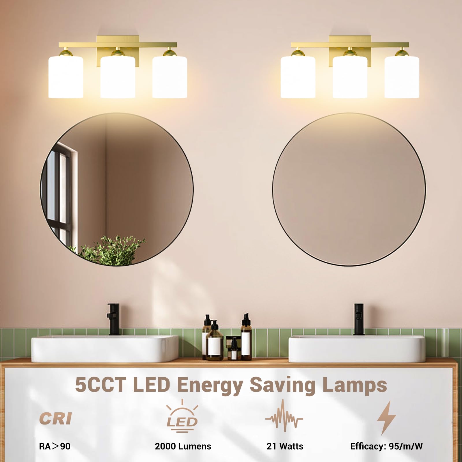 Quntis 3-Light LED Bathroom Vanity Light Fixture, Gold & Milky White, Adjustable, 18.9 inch, Model d0455cc5-3687-4c1f-a