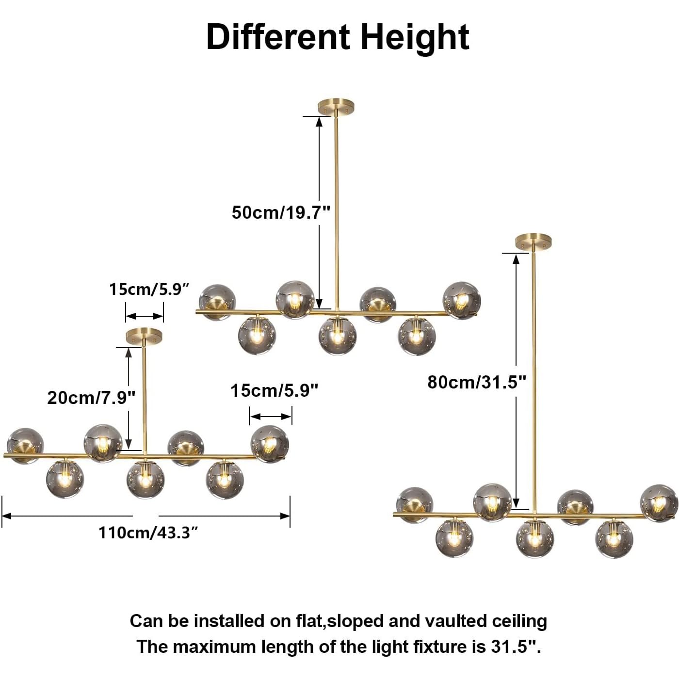 Kco Mid Century Modern 7-Light Gold Brass Sputnik Chandelier With Smoke Glass Spheres