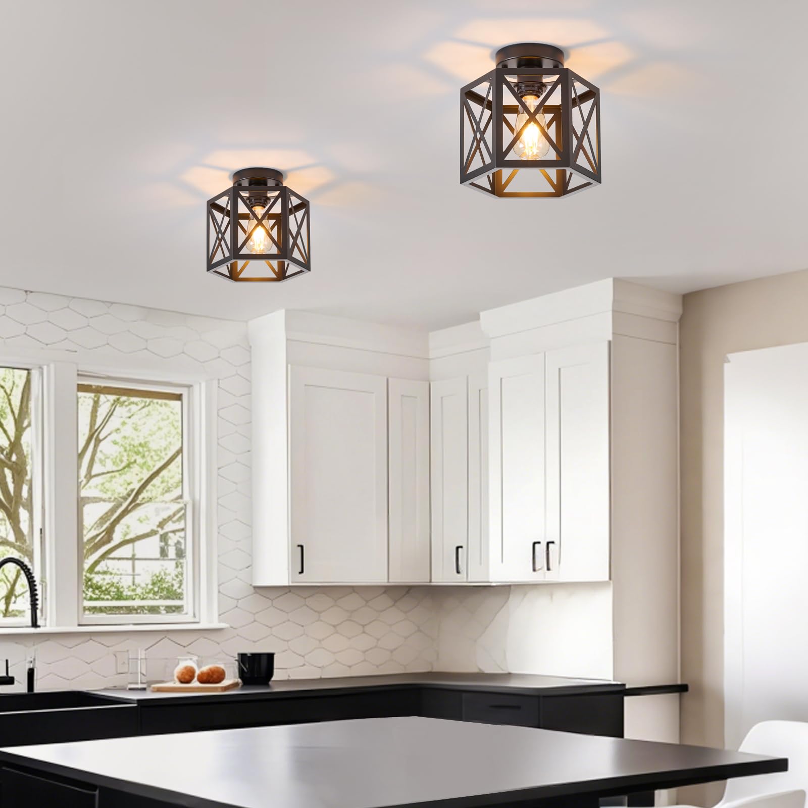 Xsdetu 2 Pack Farmhouse Semi Flush Mount Ceiling Light, Industrial Black Hallway Light Fixture, Small Metal Cage Close To Ceilin