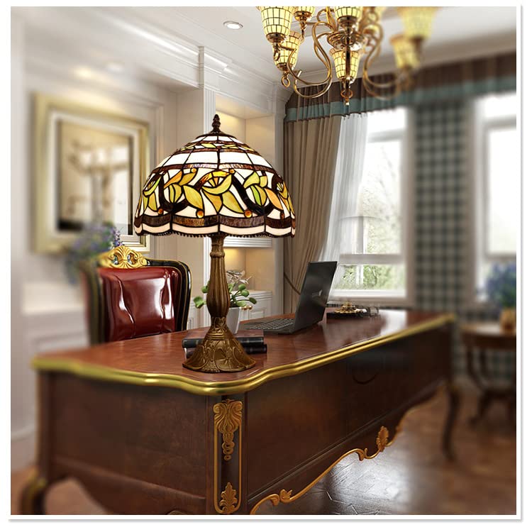 MIAOKE Stained Glass Table Lamp, Handmade Antique Light for Bedroom, Living Room, Desk, Leaf Flower Design