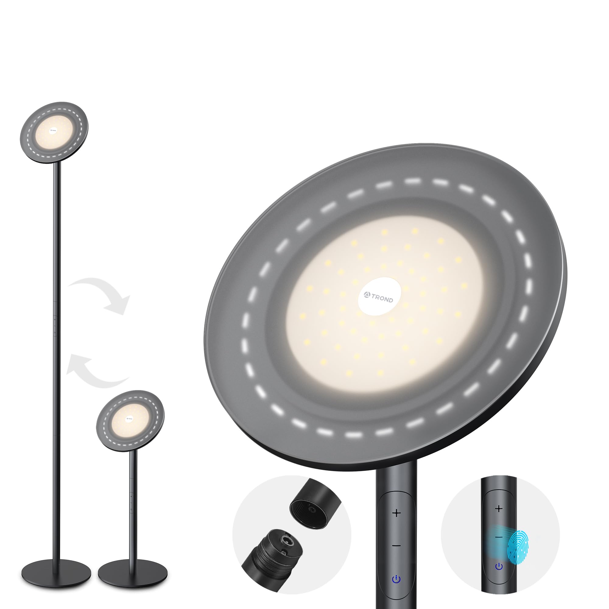 TROND Floor Lamp, 5000LM LED Torchiere, 71 in Tall, 3000K Warm White Light, Dimmable, Aluminum, Warm Light Black, Model Halo X