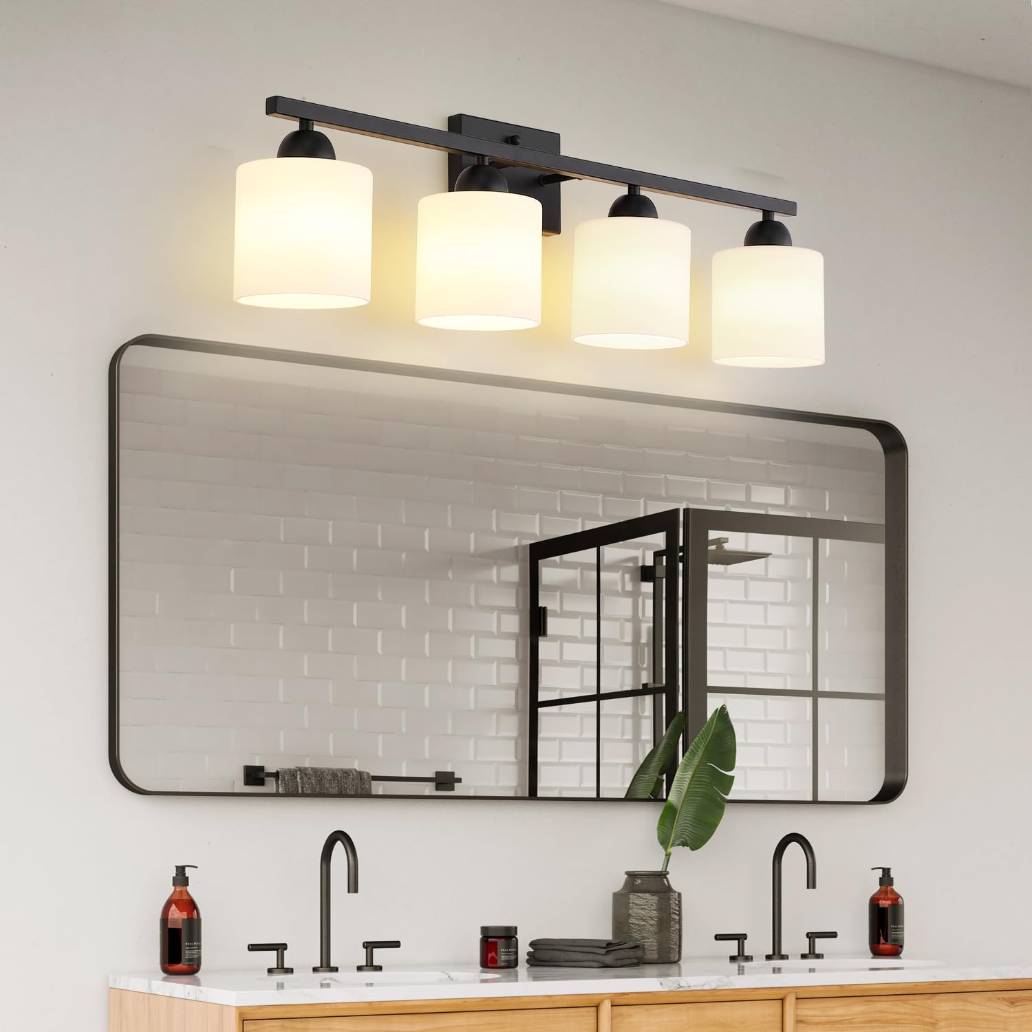 Mecgirn 4 Light Bathroom Vanity Light, Matte Black Metal Fixture with Frosted Glass, Model B0003-4-Black