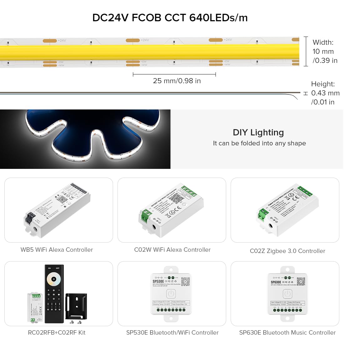 BTF-LIGHTING LED Strip Light 16.4FT 640LED/m Dimmable 3000K-6000K White DC24V Model FOB5M24V640LCCT