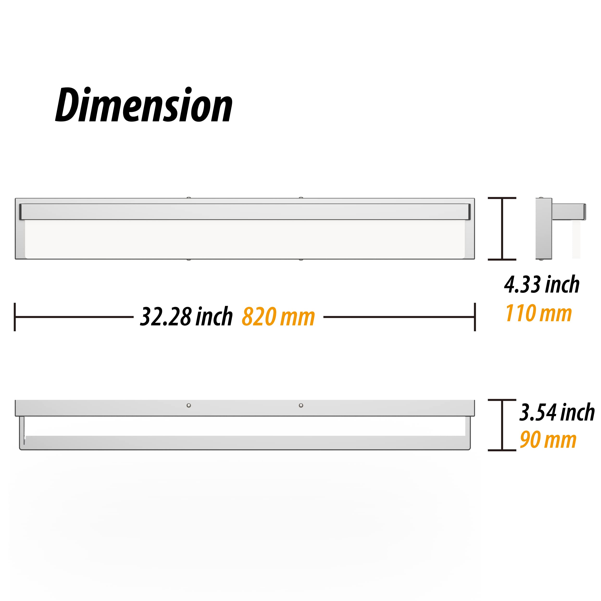 Lightinn Led Bathroom Vanity Light Fixture, 32.3 Chrome Stainless Steel, Model 8890-24W-Chr, Modern Design, Daylight 4000K