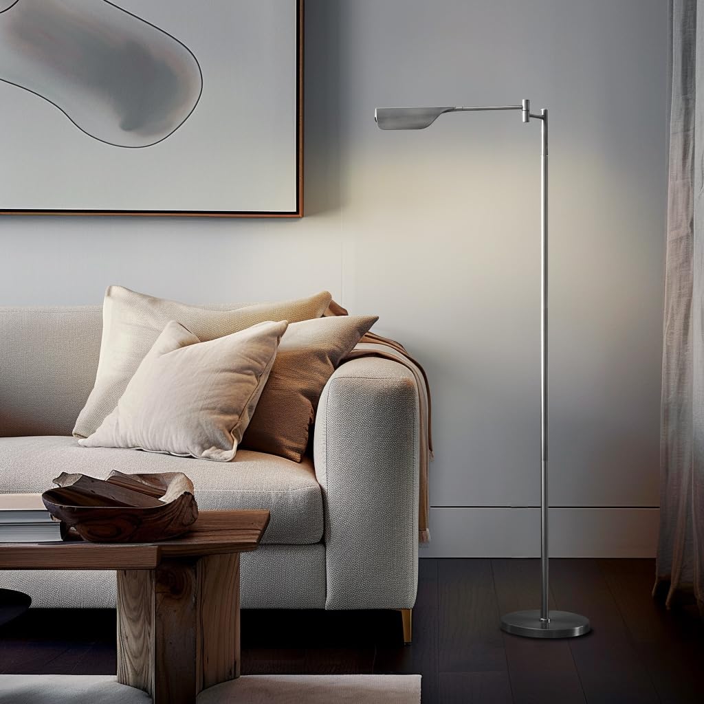 Brightech Leaf LED Floor Lamp - Dimmable, Adjustable Metal Reading Lamp, Platinum Silver, Model 211179PS