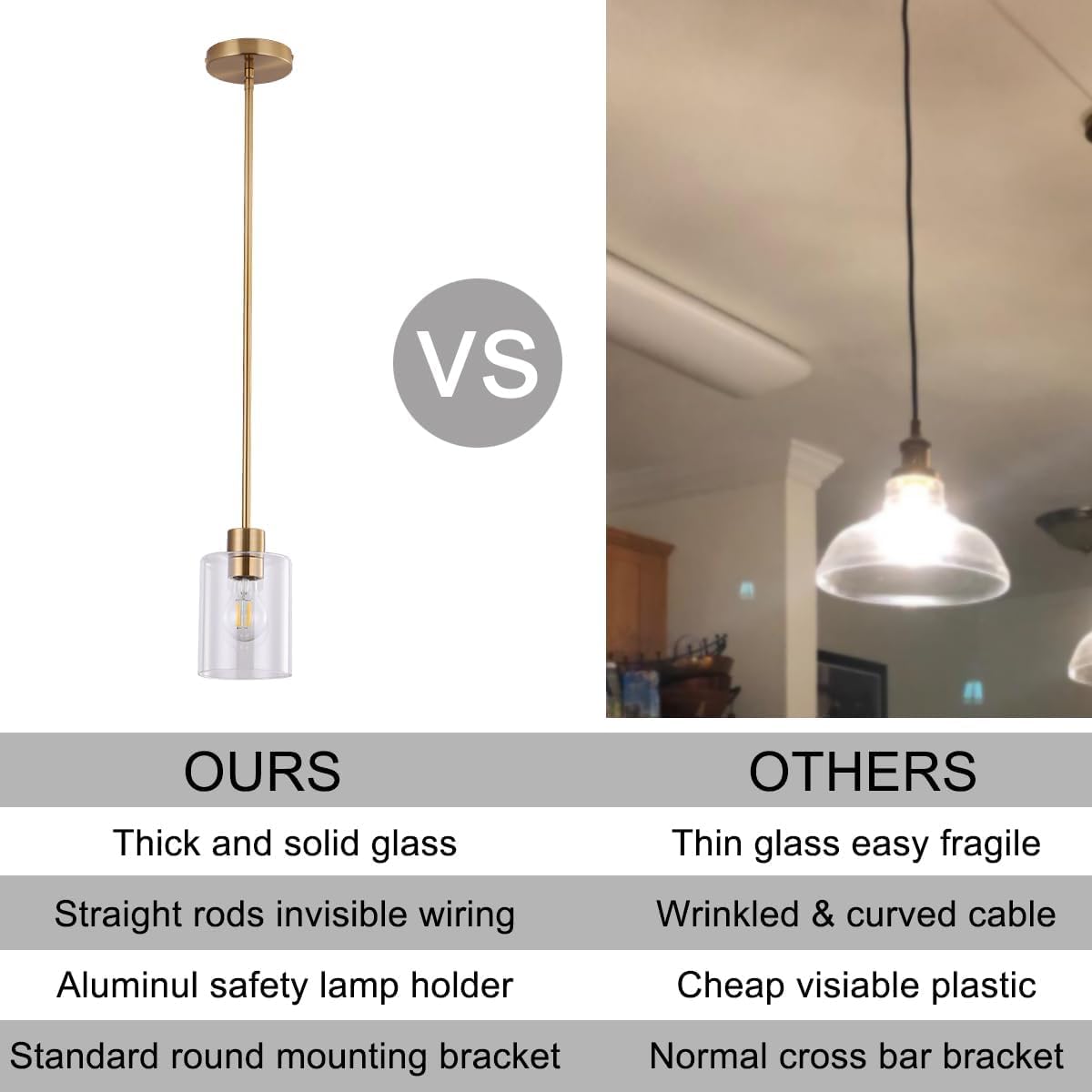 KLSS Brass Pendant Lights - Gold Clear Glass Fixture, 12" & 4" Rods, 3 Pack, Model xc011