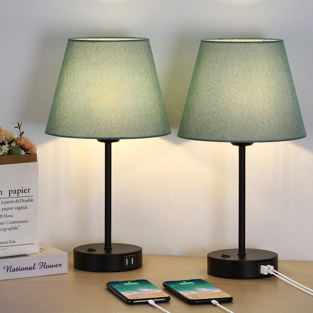 Js Nova Juns Set Of 2 Usb Table Lamps, Bedside Desk Lamps With Dual Usb Charging Ports, Nightstand Lamps With Green Flaxen Fabri