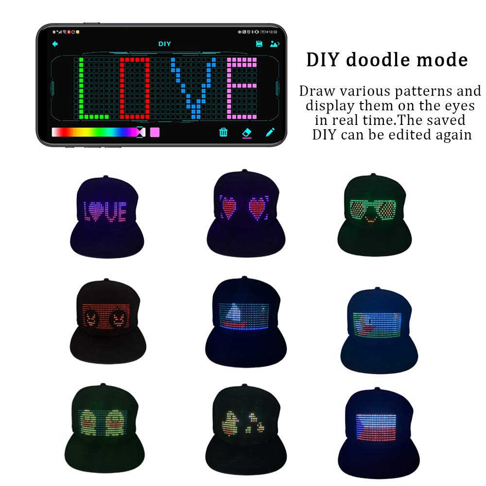 Keledz Led Cap, Multi-Language App Control Editing Light Up Hat (Text, Music, Image, Drawing) For Party Club Christmas Halloween