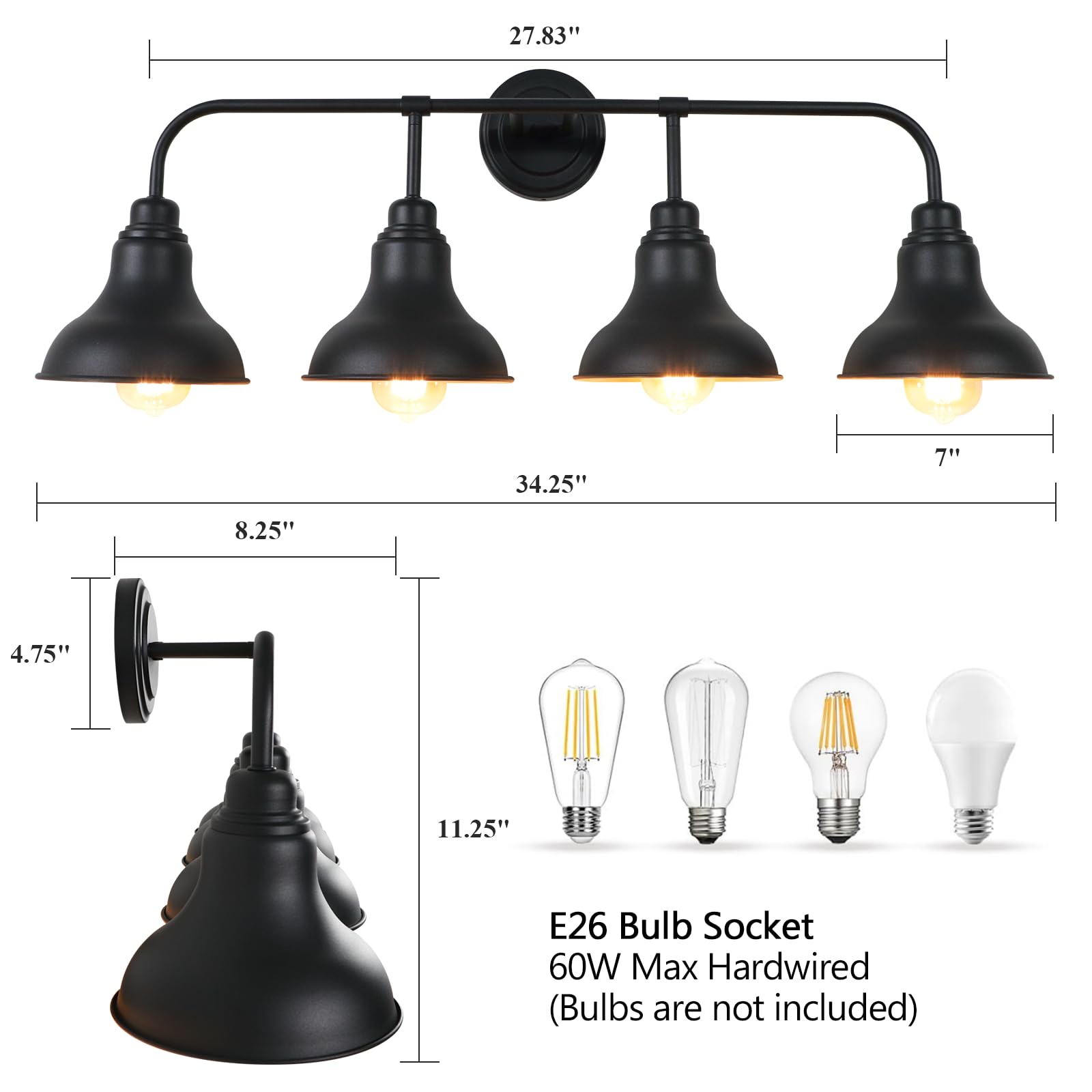 pasentel 4-Light Bathroom Vanity Light, Black Iron Rustic Wall Sconce, Model BD017-4-BK
