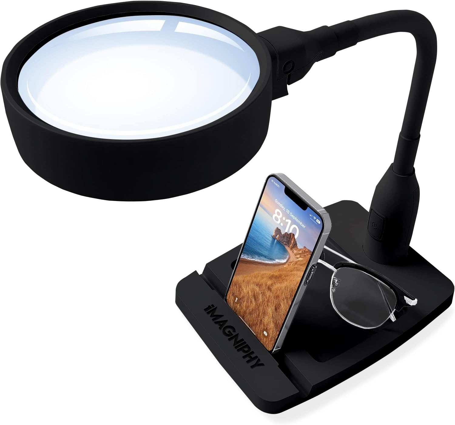 8X Desk Magnifying Light - Magnifying Glass For Reading And Crafts With 6 Leds (No Glare, No Flickering) - Magnifying Lamp With Light And Stand, 2 Brightness Settings - Ideal For Seniors