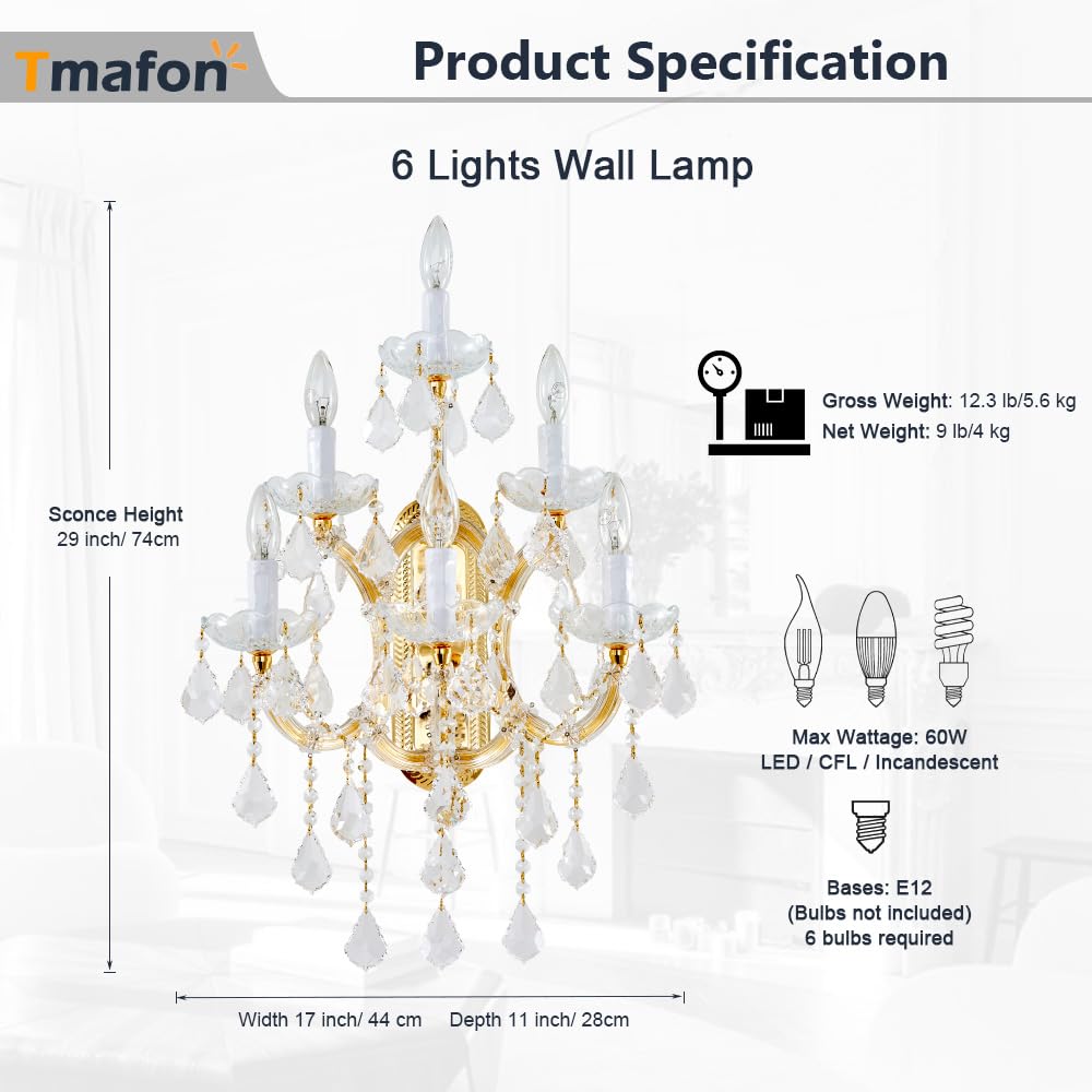 TMAFON Large Crystal Wall Lamp Chandelier - 6 Lights, Gold, Steel/Glass/Crystal, Model TMAZ-10130-06GOW