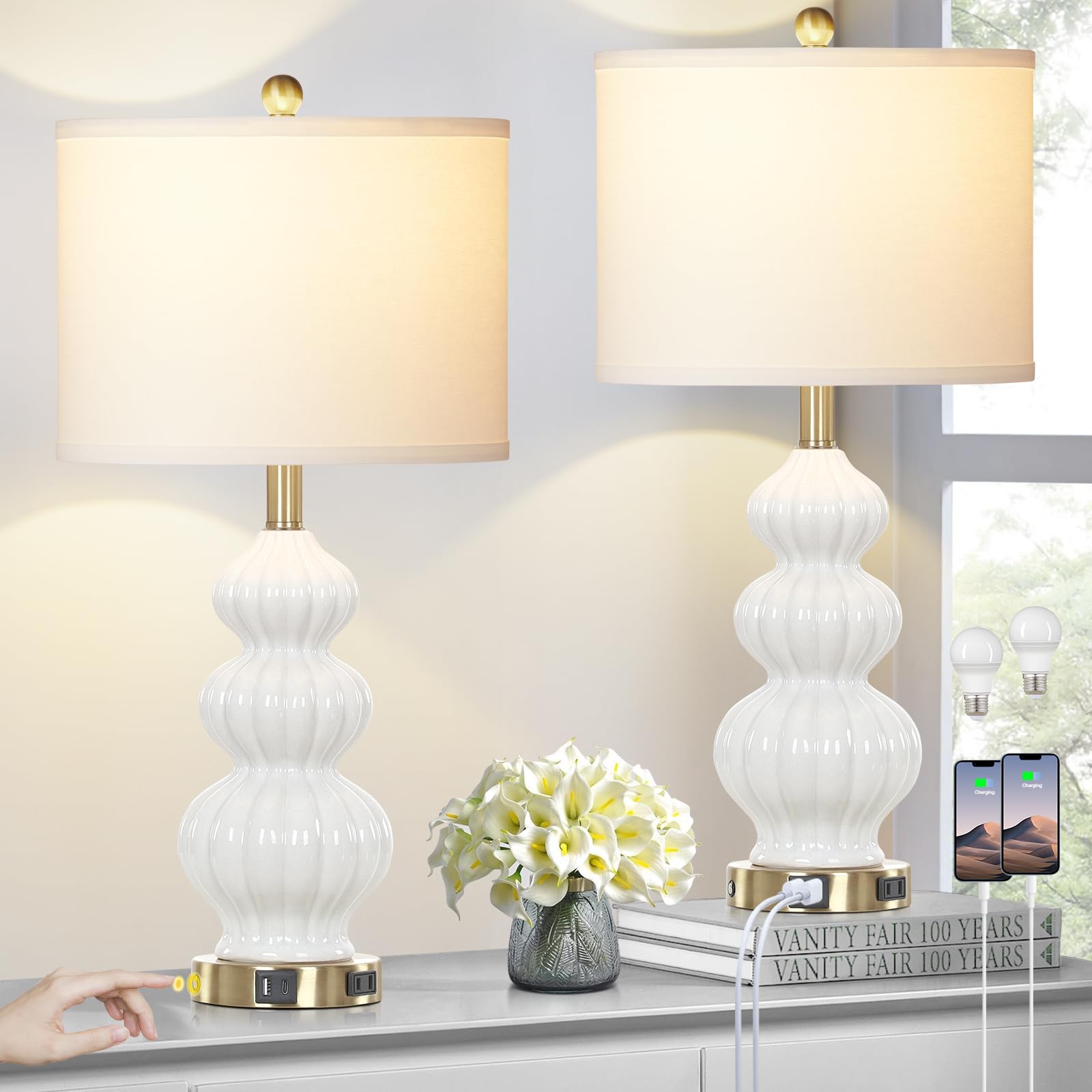 Rinweey Triple Gourd Ceramic Table Lamps Set of 2, White, Extra Large, 3-Way Touch Control, USB & AC Ports for Bedroom Living Room