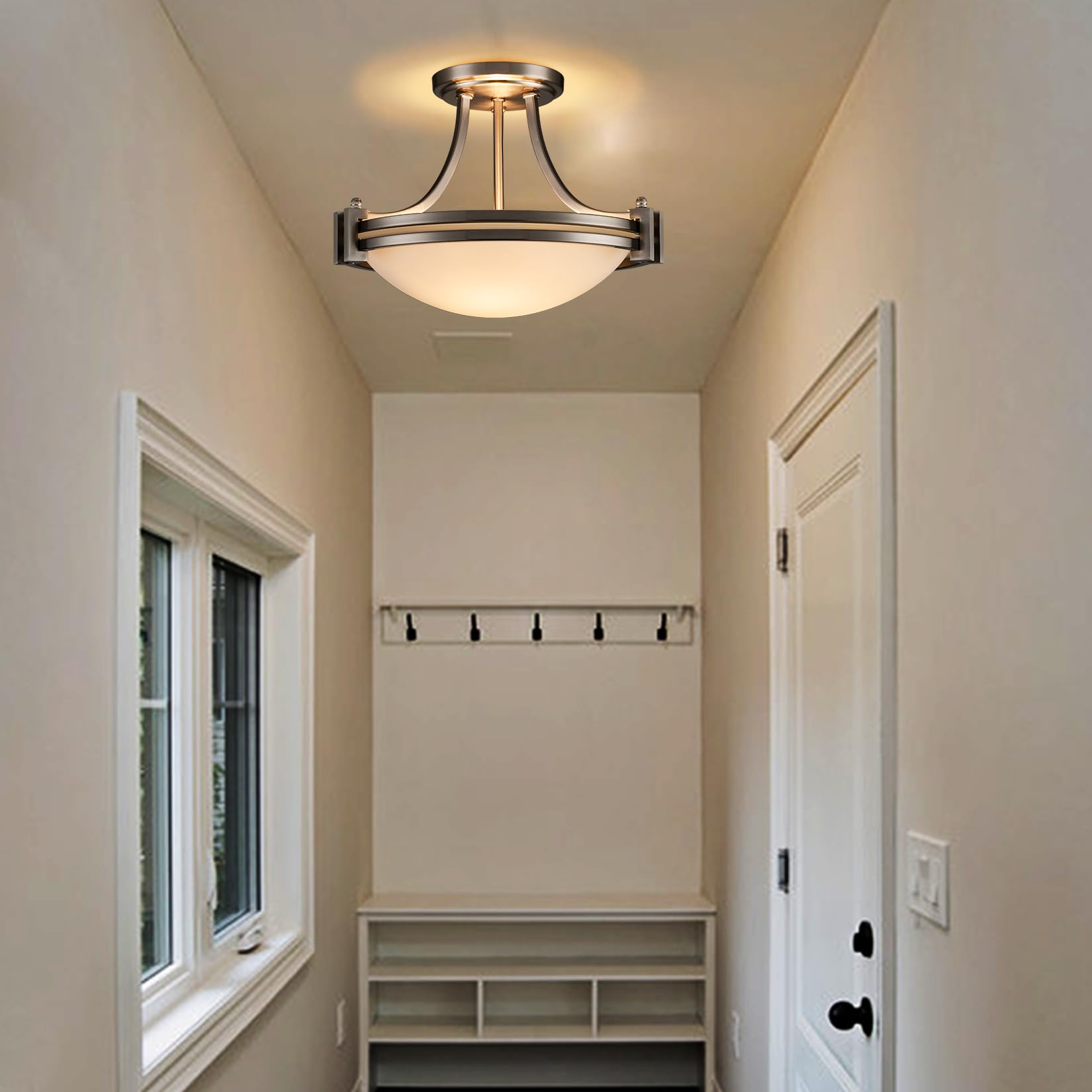 Teenyo Brushed Nickel Semi Flush Mount Ceiling Light 12-Inch 2-Light Modern Milk Glass Light Fixture Flush Mount For Bedroom Hal