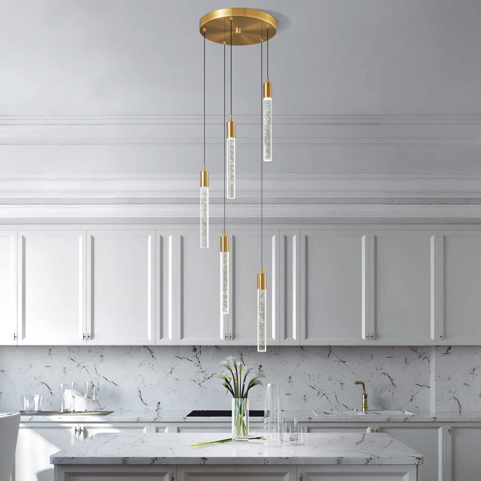 Zhllmq Modern Light Fixture Kitchen Island Pendant Light Dimmable Led Gold Pendant Lights Mini Crystal Pendant Lighting For Bedroom Dining Room Living Room(5-Light )