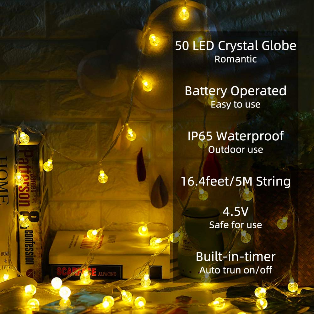 Metaku Globe String Lights Fairy Lights Battery Operated 16.4Ft 50Led String Lights With Remote Waterproof Indoor Outdoor Hangin