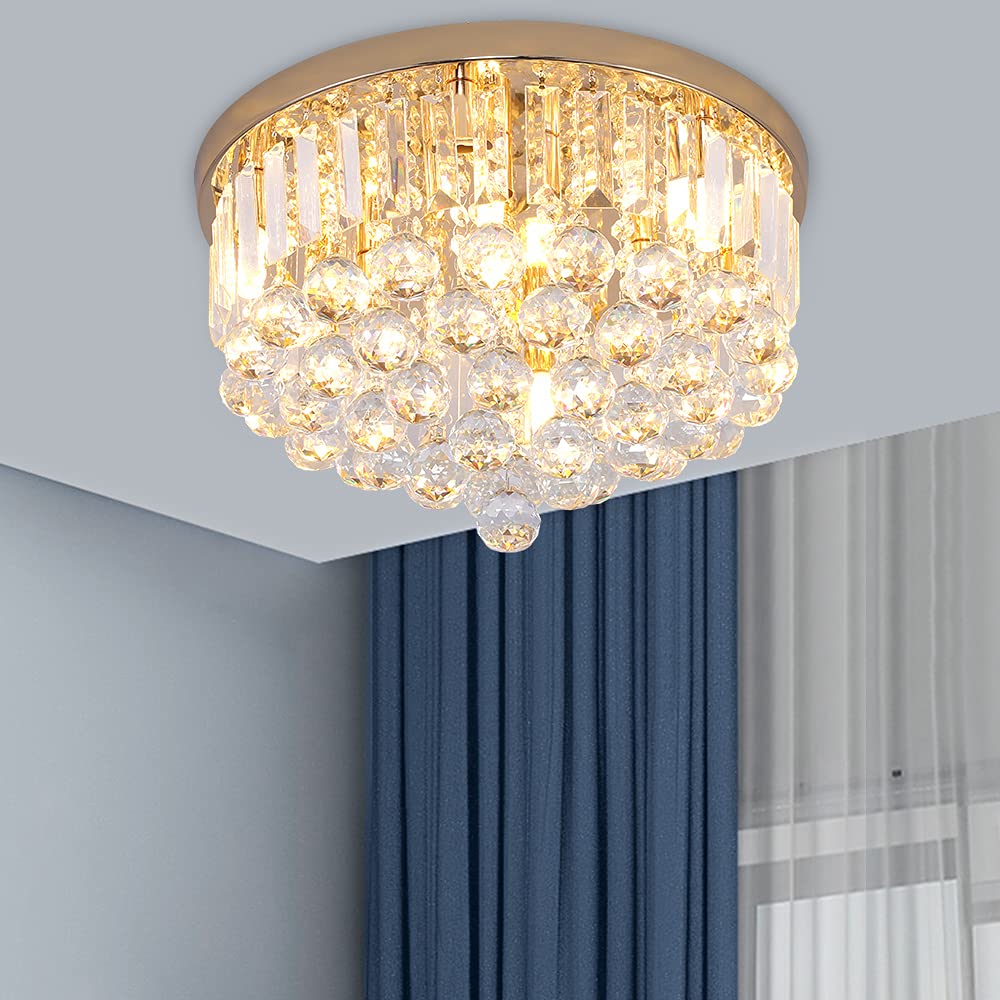 Gopmmy Mini Crystal Chandelier Ceiling Light, 16in Flush Mount, French Gold, Model XU-011, Modern K9 Crystal Design for Dining Room & Bedroom