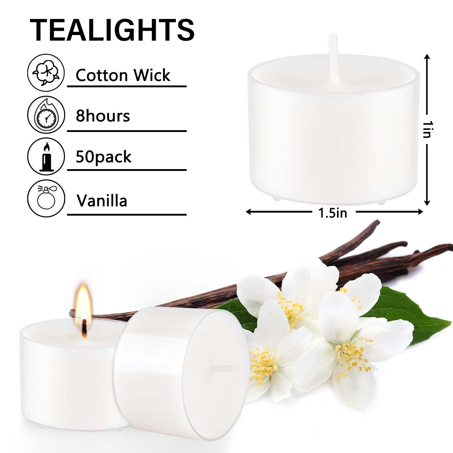 Wfmolcand Set of 50 White Scented Tealight Candles, Vanilla Fragrance, Long Burning, 1 inch, Clear Container