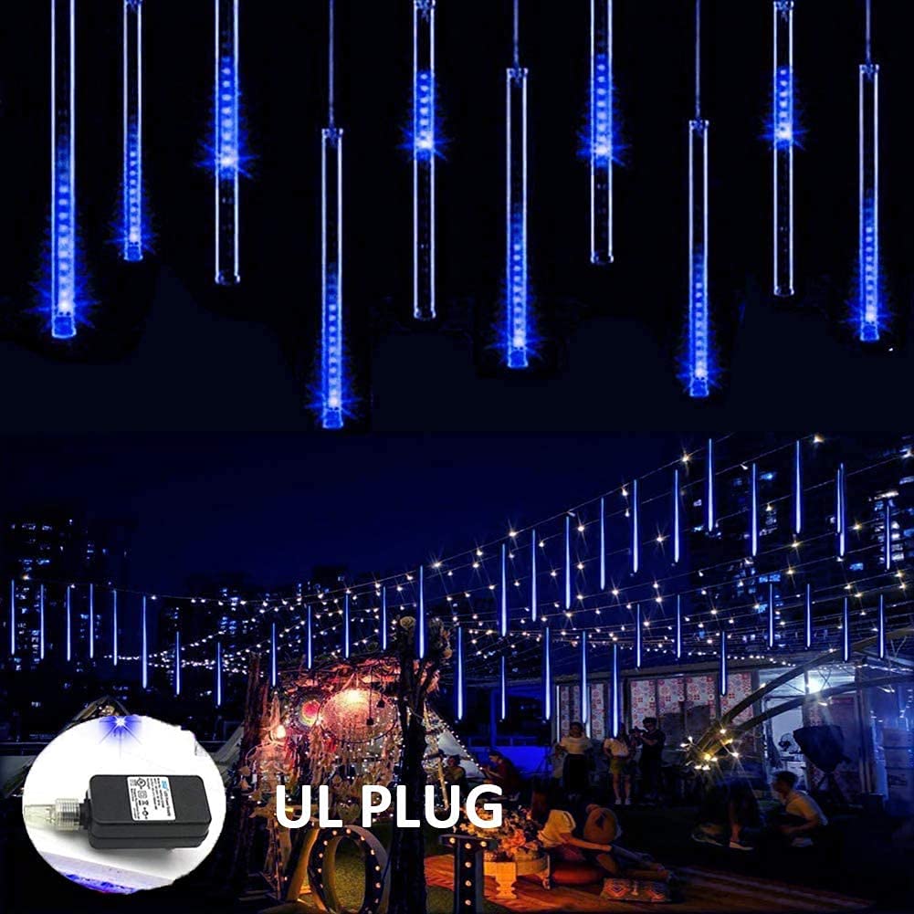 Kordain Outdoor Christmas Lights, 12 Falling Rain Icicle Lights, 8 Tubes, 144 Led, Blue, Model Kordain-02, 26.9Ft, Copper