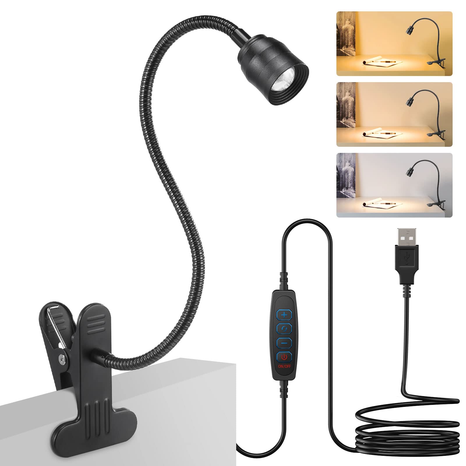 Ymcrlux Zoomable Led Reading Light, Dimmable Usb Clip-On Lamp, Adjustable Beam, Black, Model Zcl01