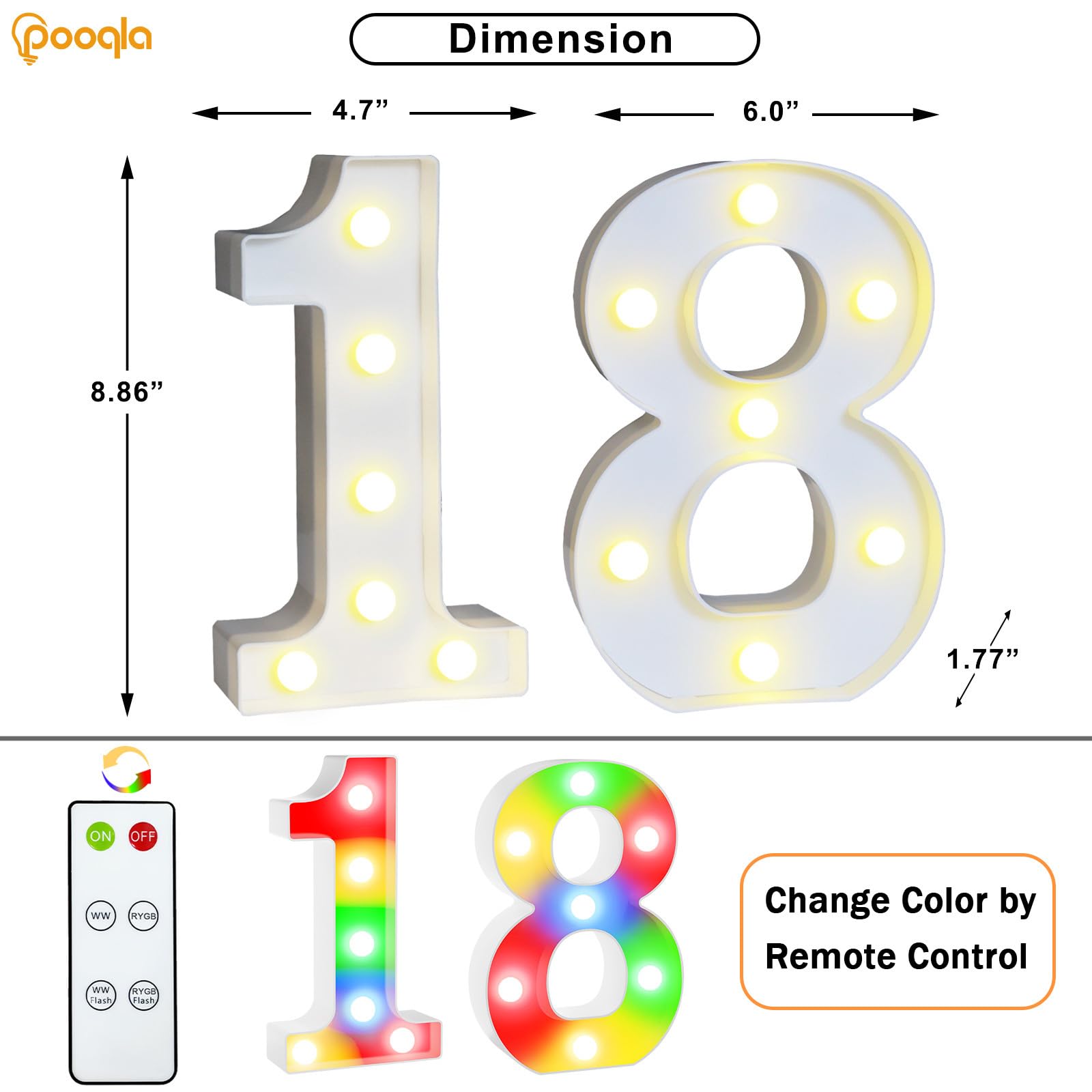 Pooqla 18Th Birthday Decoration For Girls Boys  Decorative Led Light Up Numbers  Marquee Numbers 18 Sign For Party Backdrop 18Th Wedding Anniversary Decor Gift  Warm White And Colorful Number 18