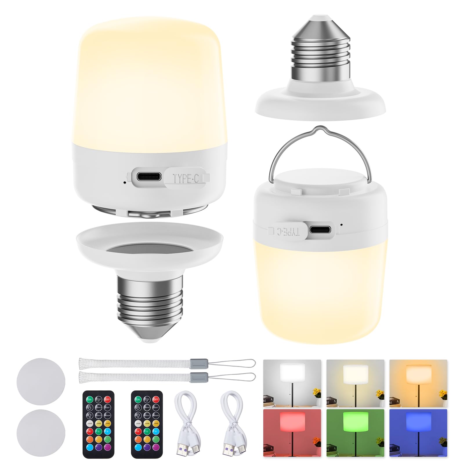 Minetom E26 Rechargeable Light Bulbs, Remote & Timer, 12 Colors, Dimmable, 40W Equivalent, 2 Pack, Multicolor