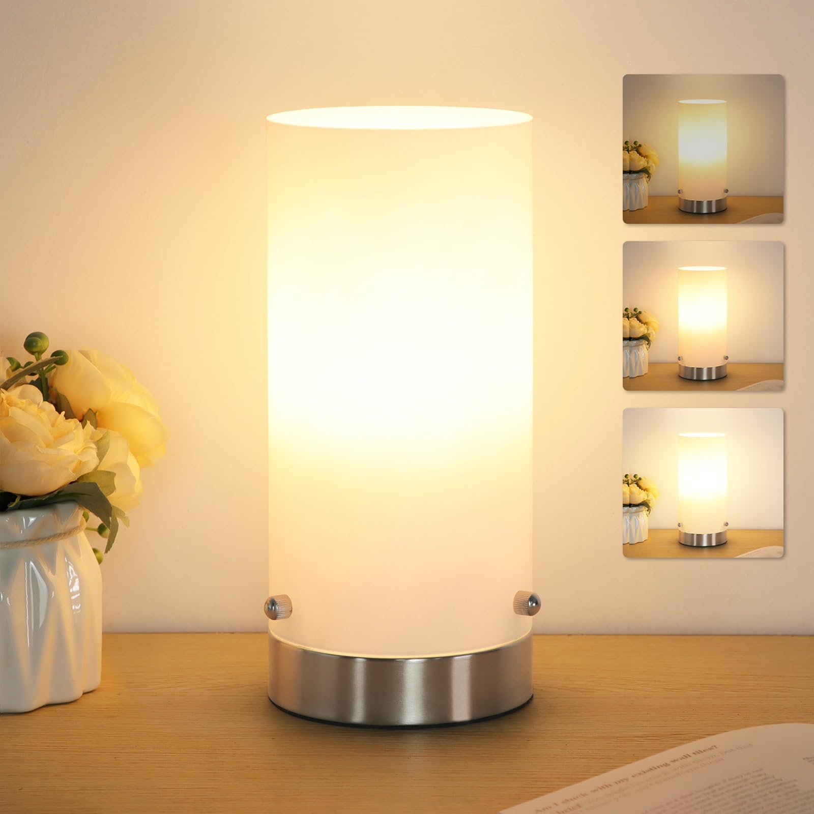 Kukobo Bedside Table Lamp for Bedroom, 3 Way Dimmable Touch Control Table Lamps for Nightstand, Modern Desk Lamp with Glass Lamp