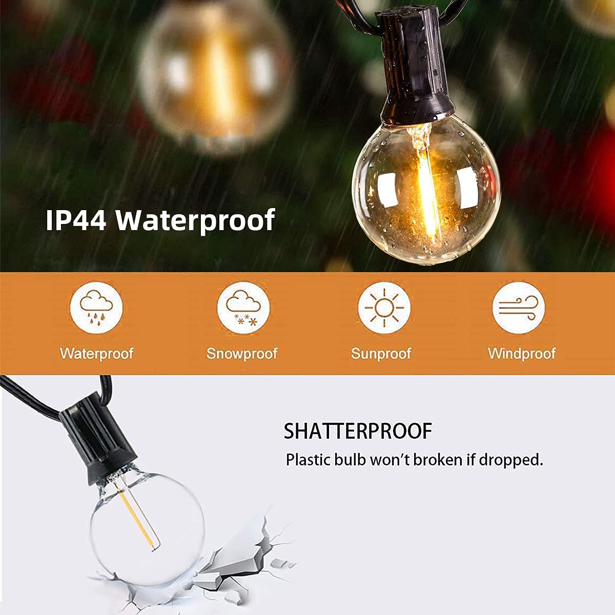 RTTY Outdoor String Lights, 50ft Waterproof Dimmable G40 LED Patio Lights, 26 Bulbs, Warm White, Shatterproof for Cafe & Backyard