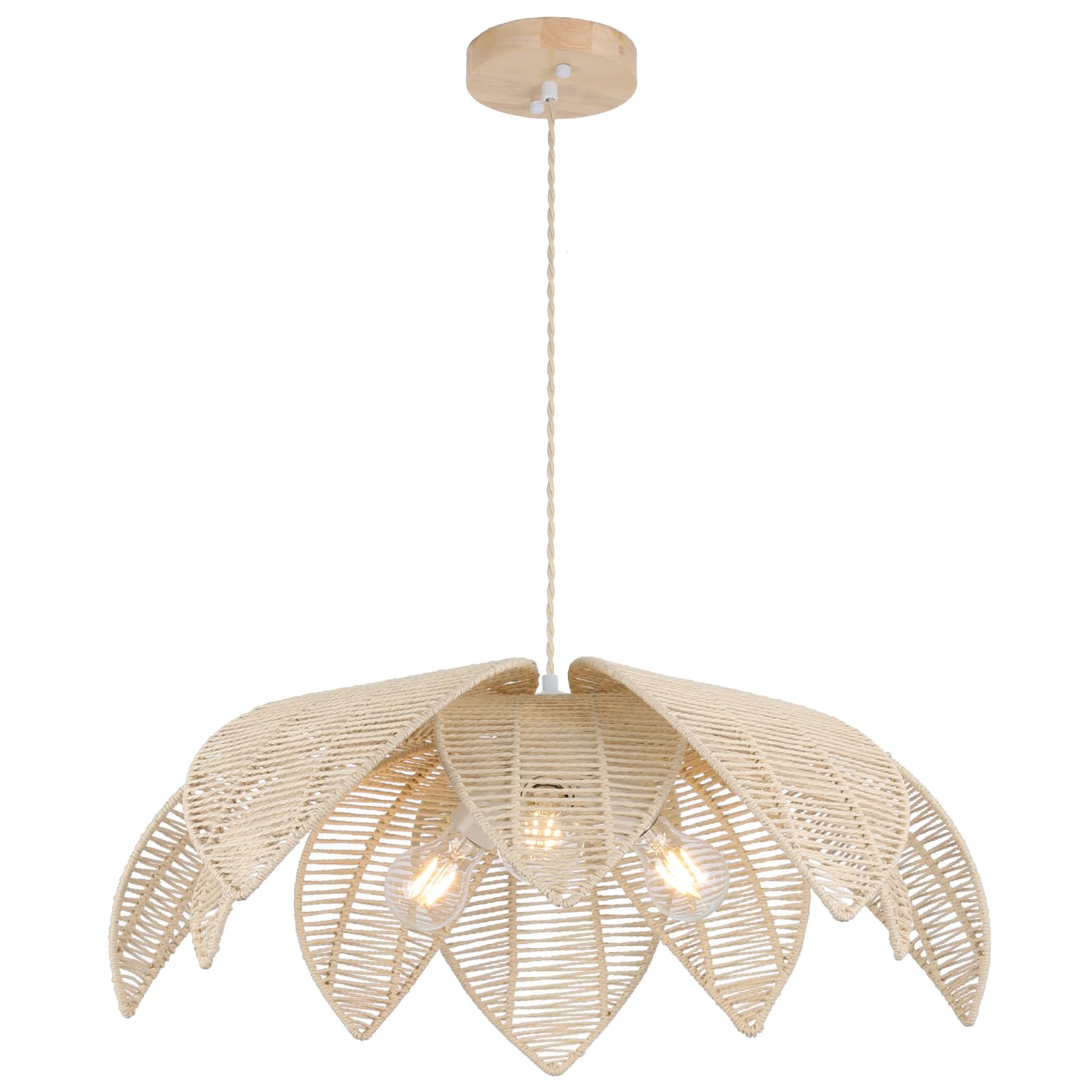 WYYSDWNE 24   Hand Woven White Rattan Chandelier, 3-Lights Boho Light Fixture Adjustable Coastal Pendant Light for Kitchen Islan
