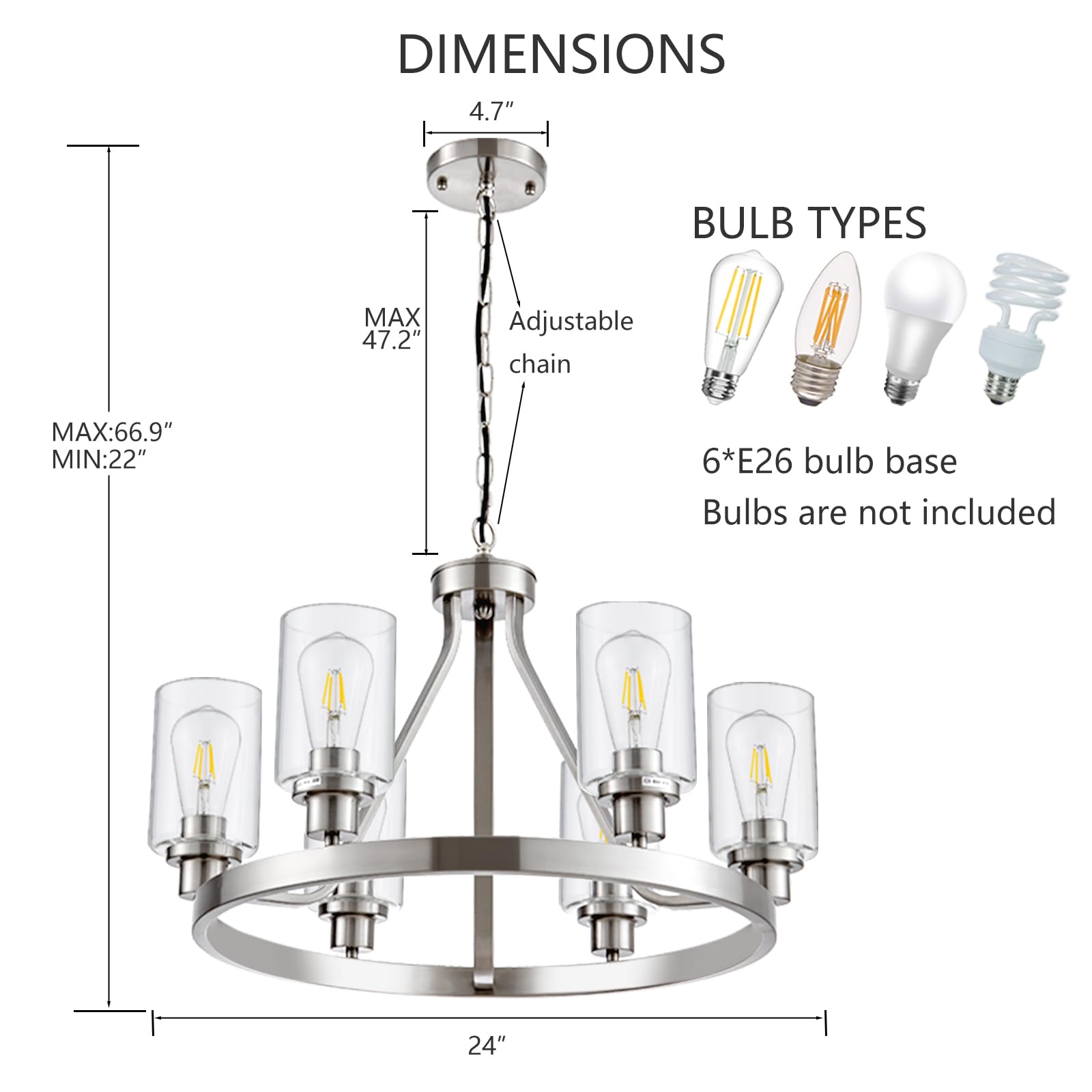 Hccz 6-Light Brushed Nickel Wagon Wheel Chandelier With Glass Shade For Dining Room & Living Room