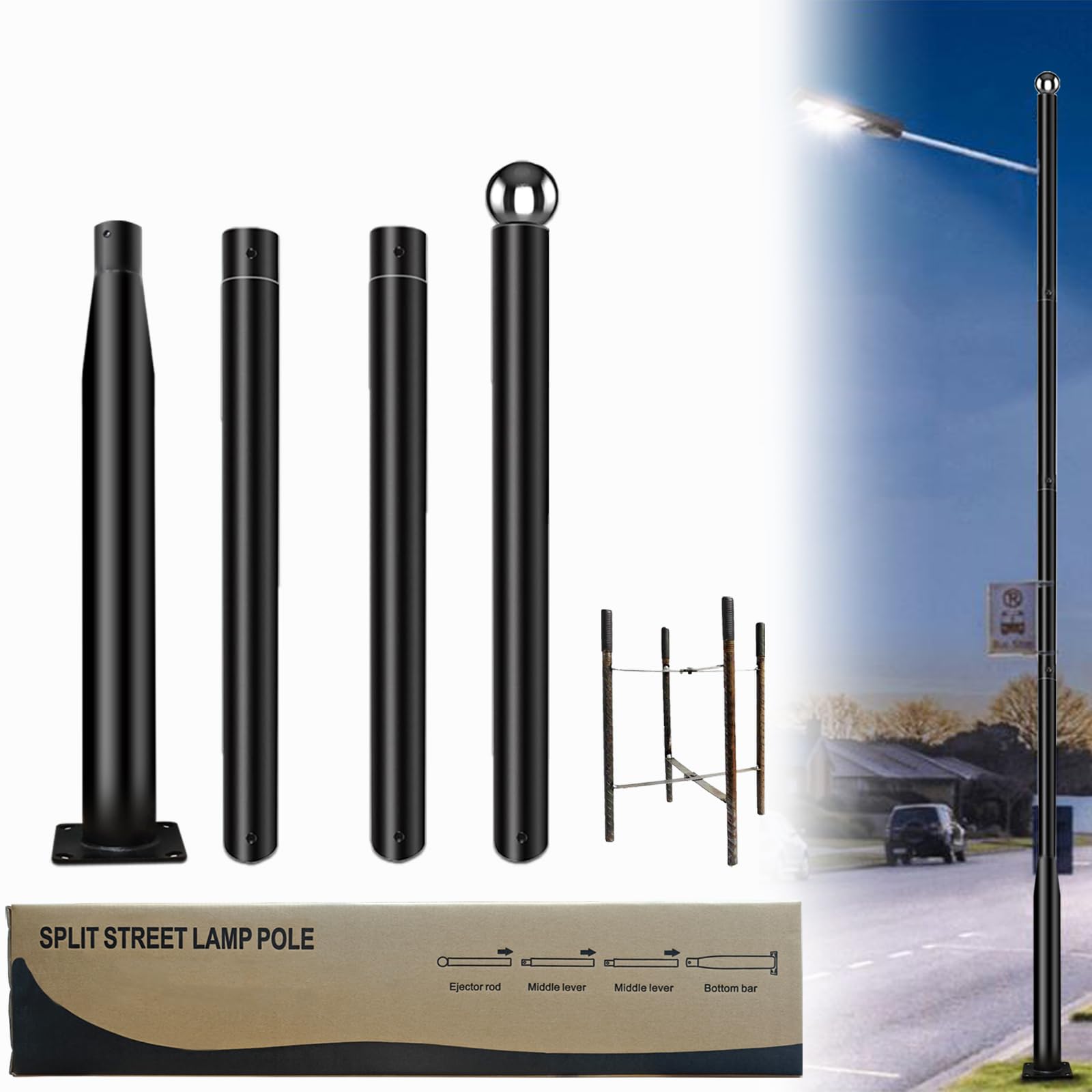 YarPoole Street Light Pole 13 Ft Tall - Outdoor Adjustable Heavy Duty Metal Street Lamp Post for Outside Solar Street Lights wit