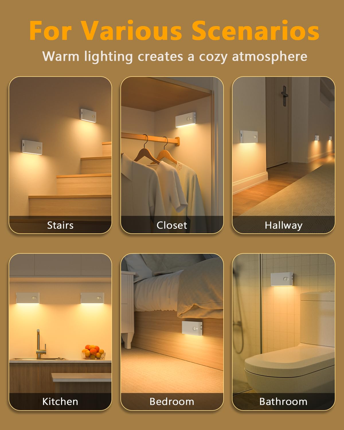 WILLED Battery-Powered Stair Lights - 4-Pack Wireless Motion Sensor Night Lights, Warm White for Stairway, Hallway, Kitchen, Bedroom