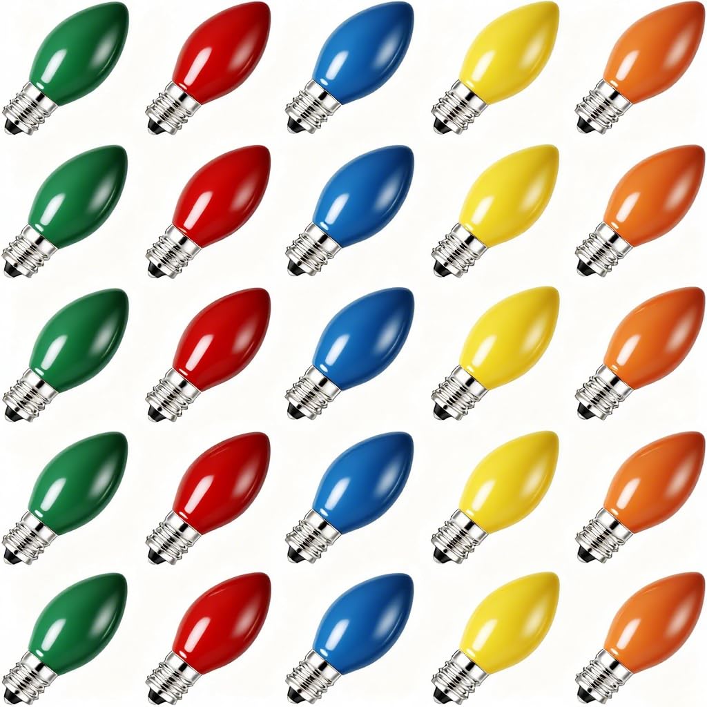 Abeja 25 Pack C7 Multicolor Christmas Replacement Bulbs 5w Vintage Ceramic Light Bulbs C7/E12 Candelabra Base Fits C7 Christmas Ornament Indoor Outdoor String Lights