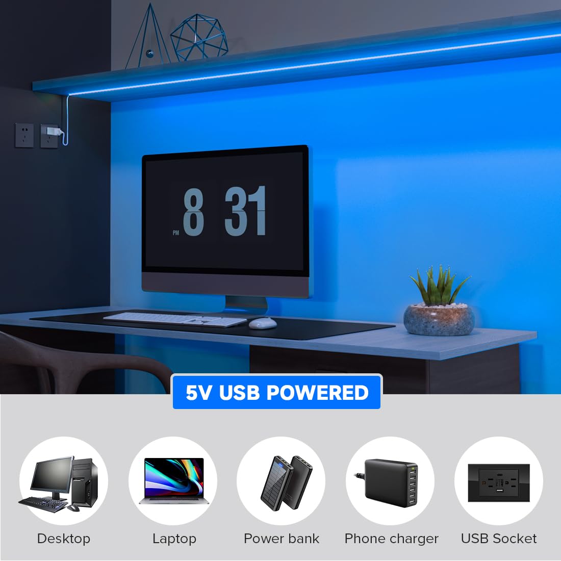 Btf-Lighting Fcob Usb Powered Blue Color Cob Led Strip Lights 6.56Ft 640Leds 5V 8Mm Width 90+ High Cri Ultra Bright Flexible Light For 3D Printer Tv Backlight Display Cabinet Pc Diy Decor