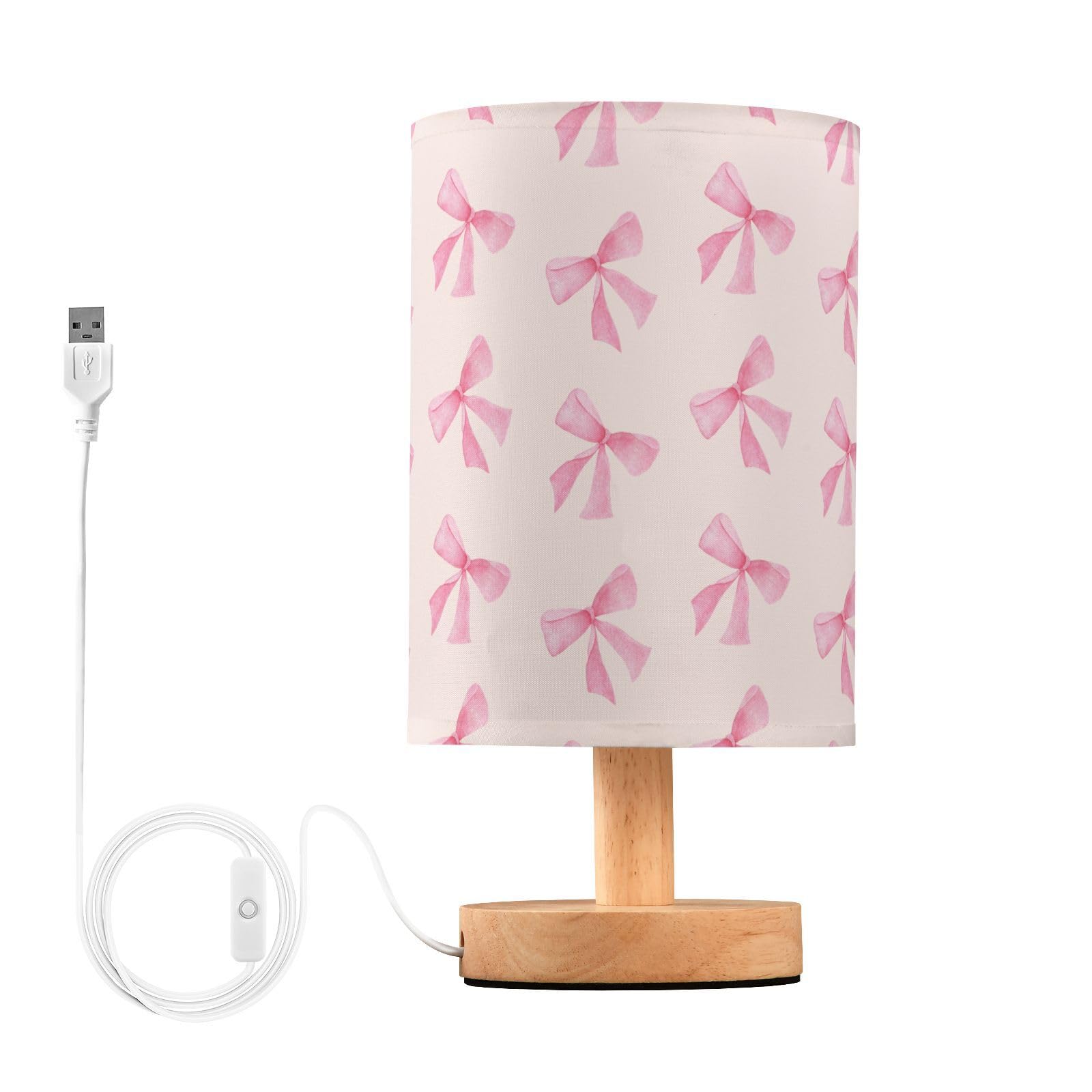 Coikll Pink Bow Table Lamp Bedside with USB Ports Nightstand Lamps with Fabric Lampshade for Reading, Bedroom, Living Room Home 