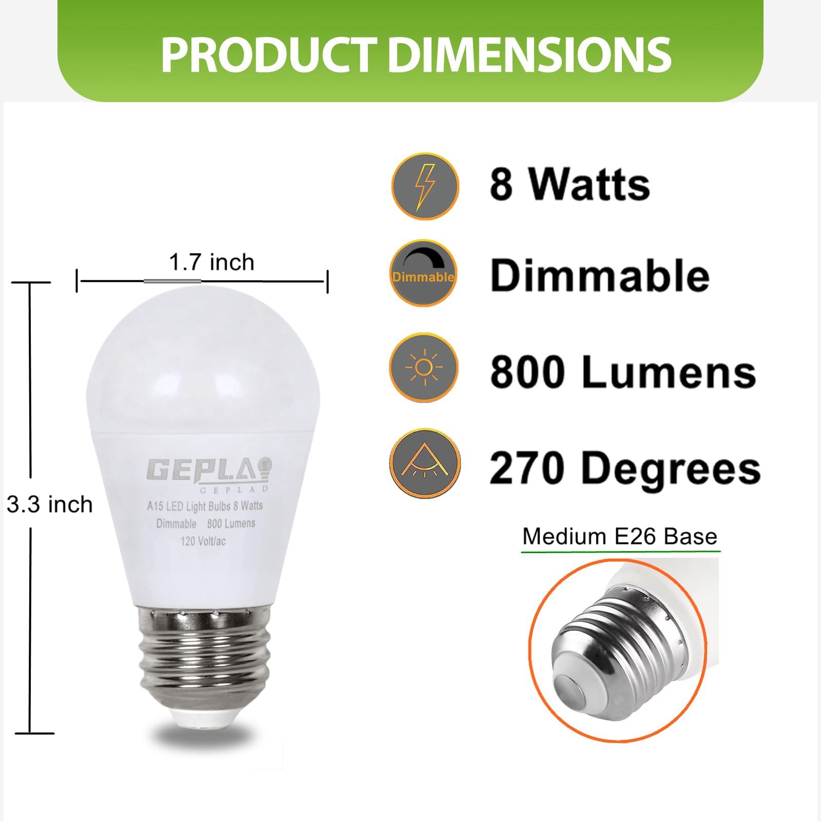Geplad 6 Pack A15 Light Bulb Dimmable 60W Equivalent, 8W Led Waterproof Refrigerator Bulbs,5000K Daylight, 800 Lm, E26 Medium Base,For Indoor And Outdoor, Ceiling Fan, Wall Sconces,Appliance Bulb