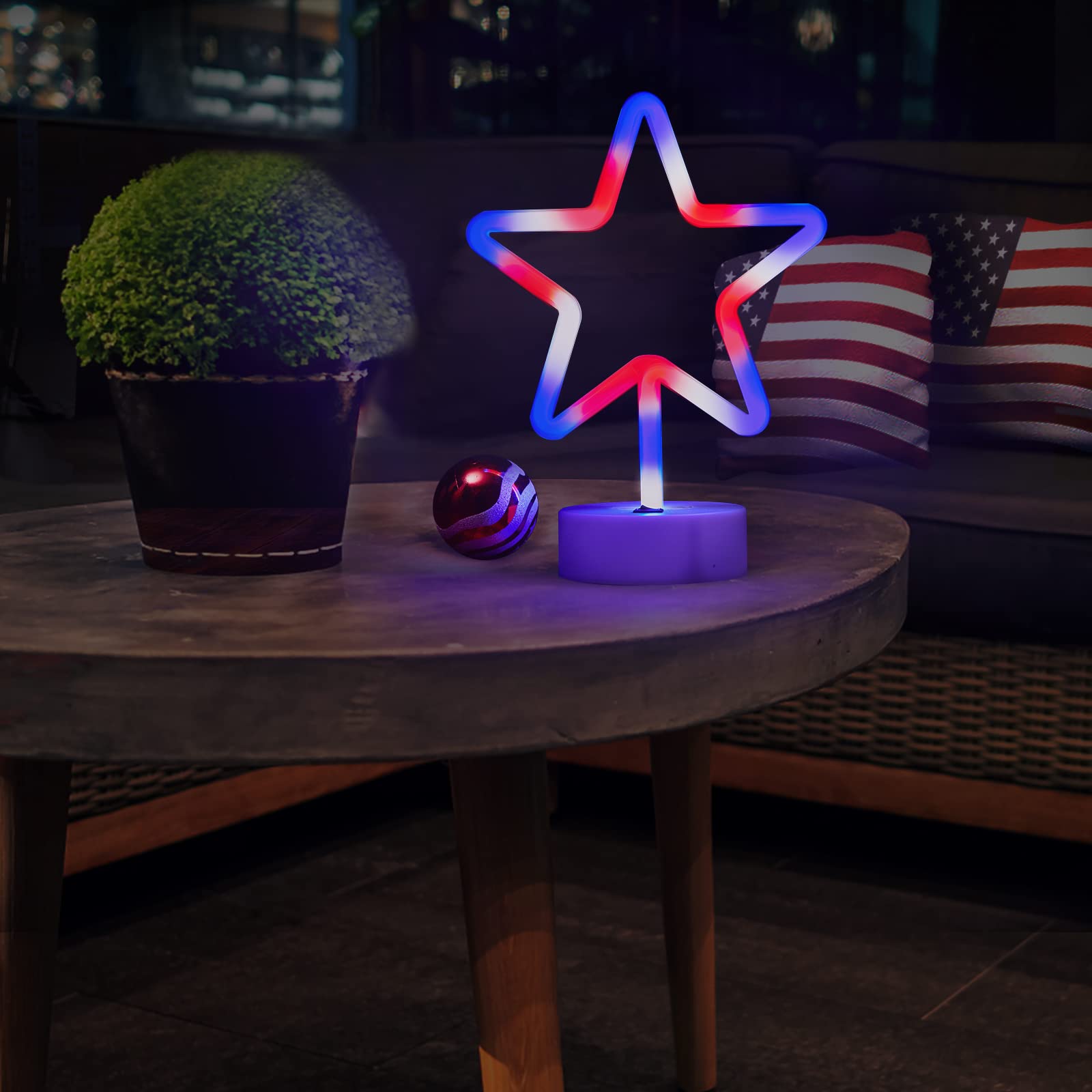 WBao 4th of July Decorations 2 Pack LED Patriotic Neon Star Signs, USB/Battery Powered Red White Blue Stars for Home, Tabletop,
