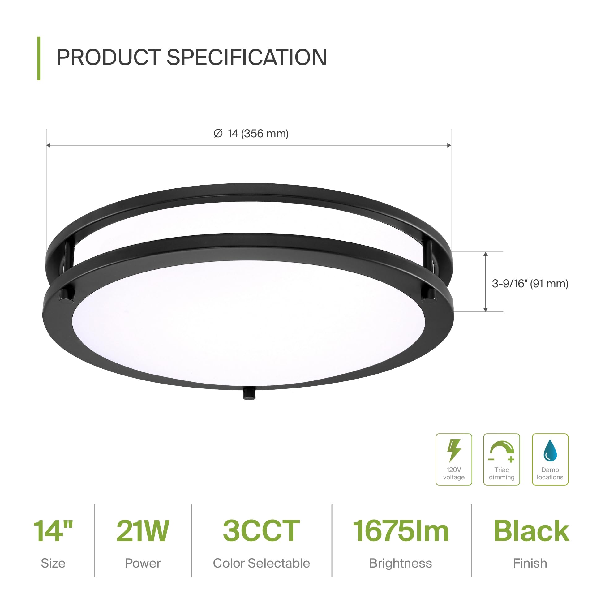 Asd Led 14 Inch Round Flush Mount Light Fixture | 21W 1700Lm 3000K-5000K 120V | 3Cct, Dimmable, Energy Star, Etl Listed | Close