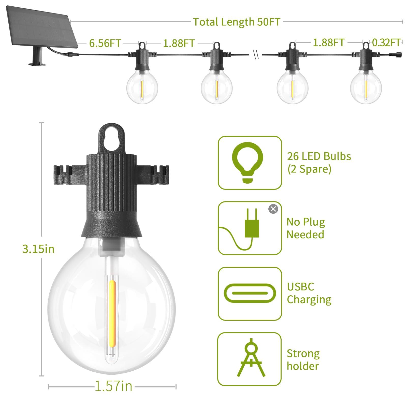 Zotoyi Solar String Lights Outdoor Waterproof Ip65 50Ft With Usb Port And 26 Shatterproof G40 Bulbs(2 Spare), Up To 8-12 Hours F