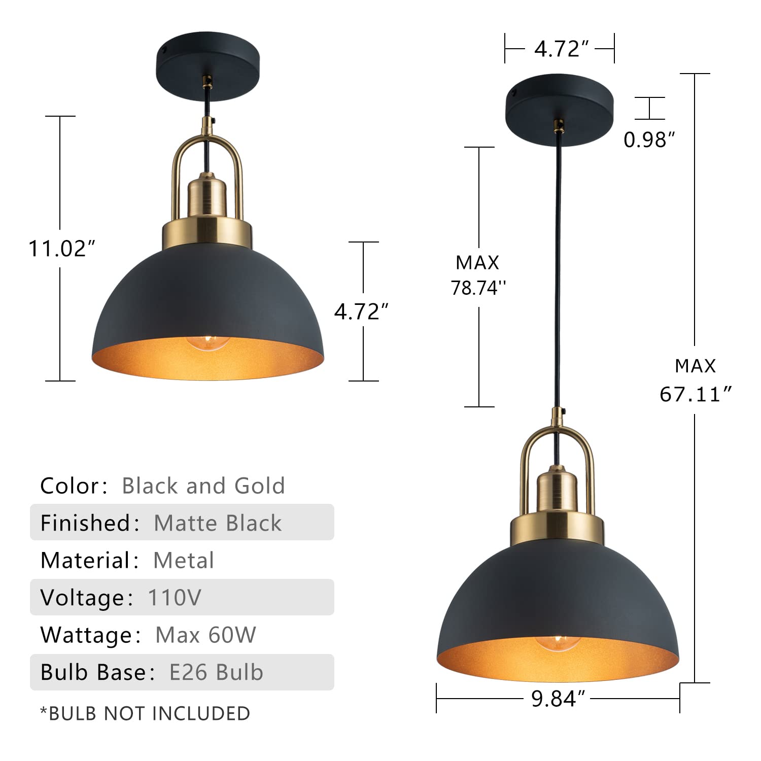 YHANFENGCY Vintage Pendant Light Black and Gold 9.84in Brass Socket Industrial Dome for Kitchen Island, Dining Room, Bedroom