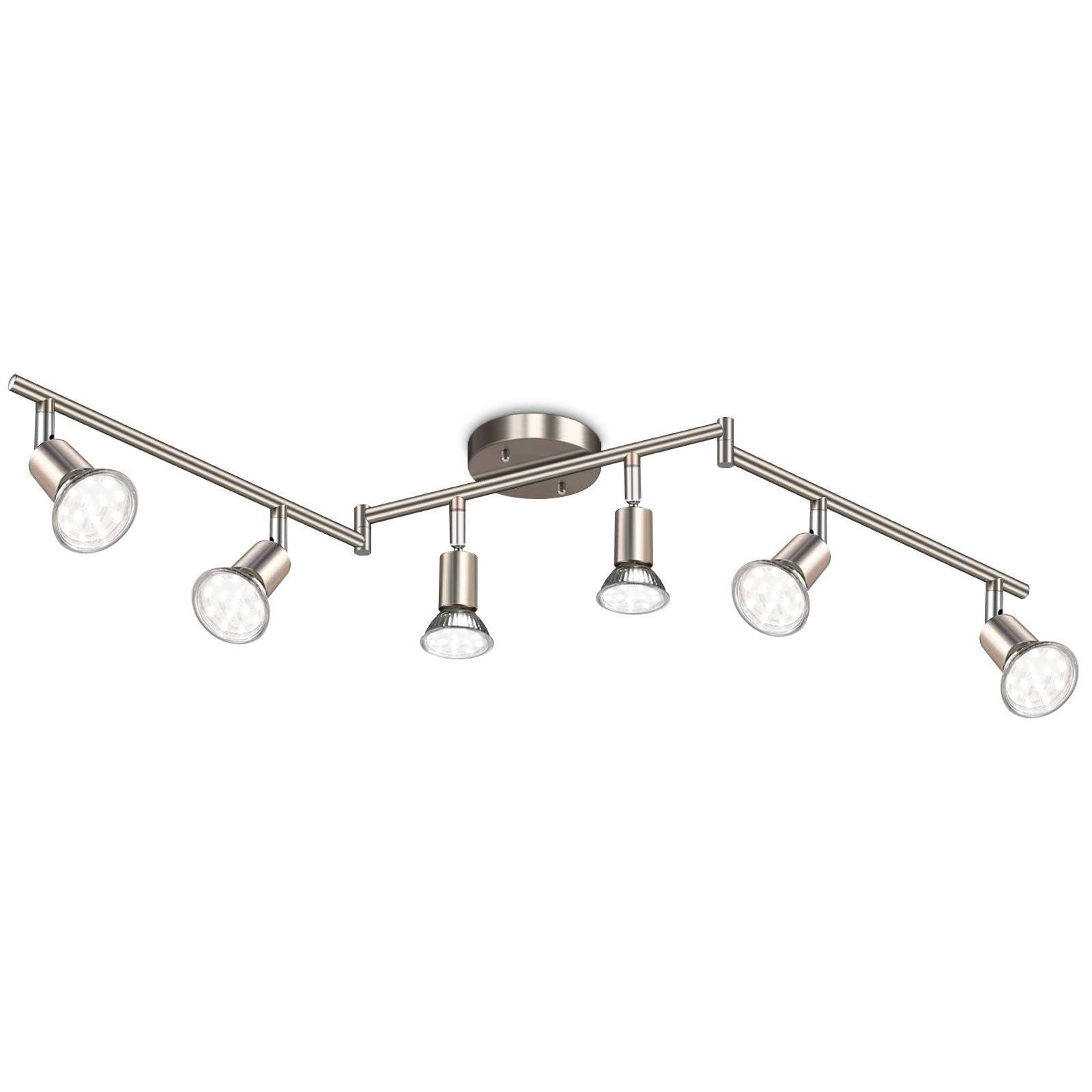 Ascher 6-Light LED Track Lighting Kit, Flexibly Rotatable Light Heads, 6 Way Ceiling Spotlight Matt Nickel Finish, Including 6 G