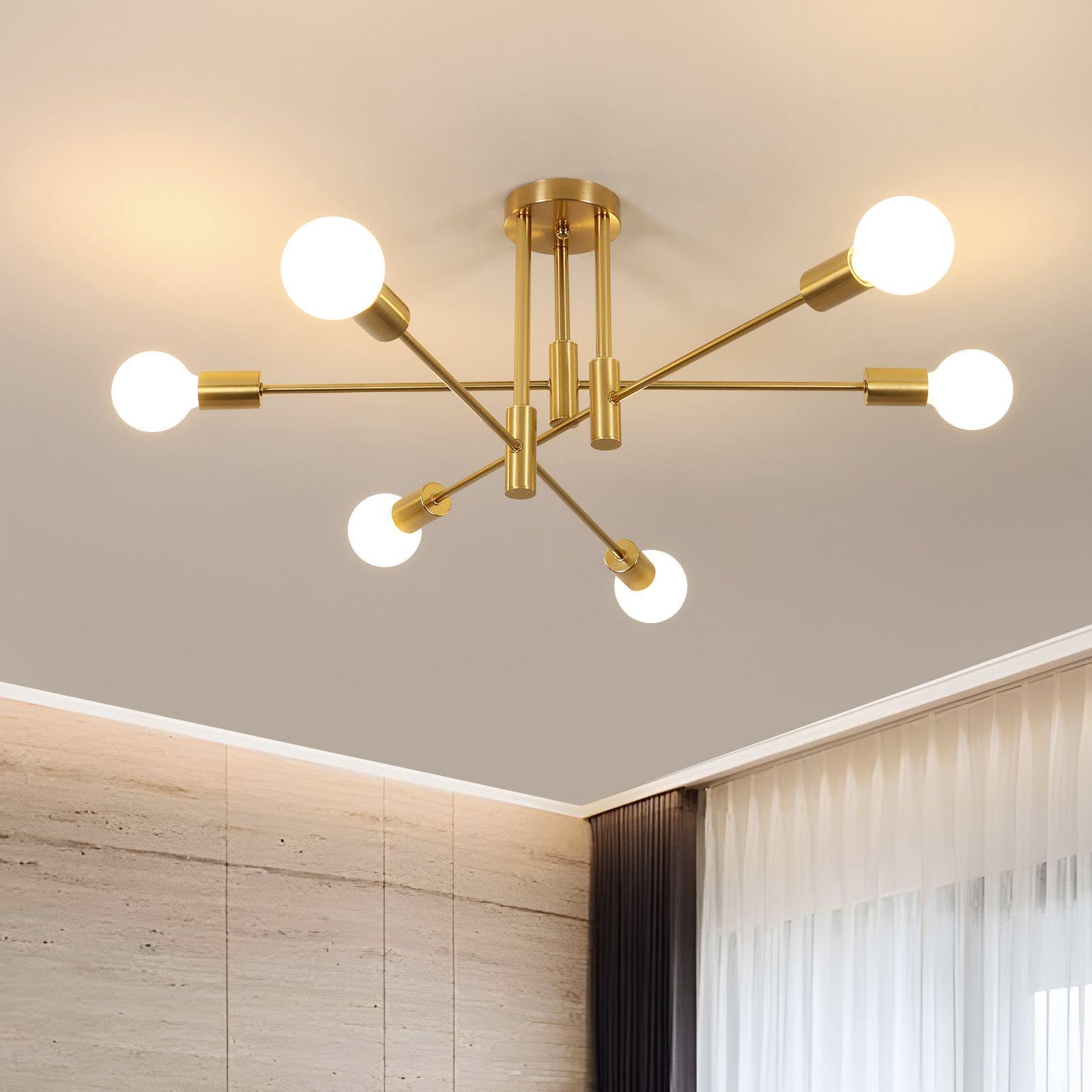 Tealight Gold Sputnik Ceiling Light Fixture  Industrial Lighting Fixture Semi Flush Mount Ceiling Chandelier For Bedroom  Living Room  Kitchen  Dining Room  Hallway (6-Lights Gold)
