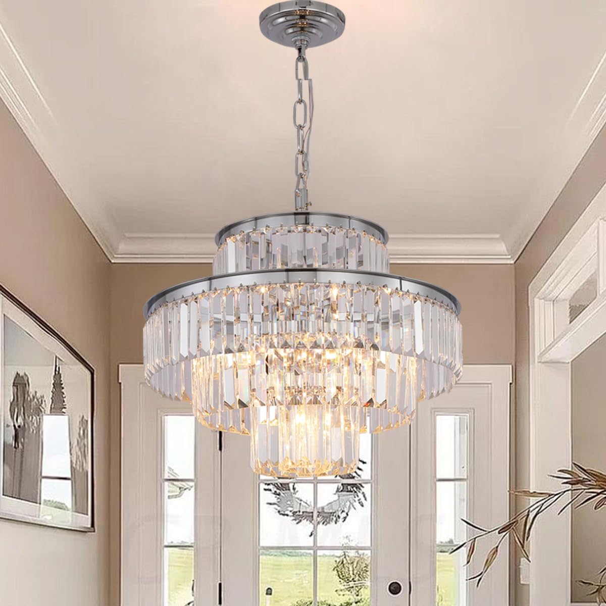 GMlixin Chrome Crystal Chandelier Lights 20 Inch Luxurious Chandeliers Hanging Pendant Light Fixture for Dining Rooms Living Roo